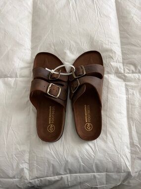 White Mountain Helga Brown Double Buckle Slide Sandals